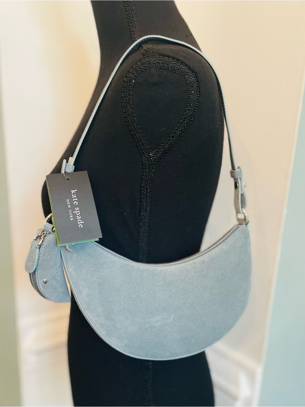 kate spade NWT  Light Blue Suede Crescent Shoulder Bag with Coin Pouch